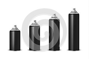 Vector 3d Realistic Black Blank Spray Can, Spray Bottle Set Closeup Isolated on White Background. Design Template of