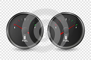 Vector 3d Realistic Black Circle Gas Fuel Tank Gauge, Oil Level Bar Icon Set Isolated. Full and Empty. Car Dashboard