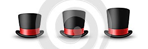 Vector 3d Realistic Black Top Hat Icon Set Closeup with Red Ribbon Closeup Isolated on White Background. Classic Retro