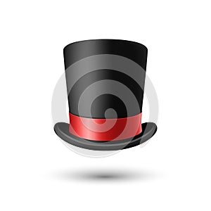 Vector 3d Realistic Black Top Hat with Red Ribbon Closeup Isolated on White Background. Classic Retro Vintage Top Hat