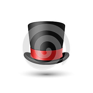 Vector 3d Realistic Black Top Hat with Red Ribbon Closeup Isolated on White Background. Classic Retro Vintage Top Hat