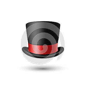 Vector 3d Realistic Black Top Hat with Red Ribbon Closeup Isolated on White Background. Classic Retro Vintage Top Hat