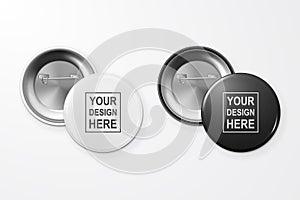 Vector 3d Realistic Black and White Blank Button Badge Closeup Isolated on White Background. Design Template for Mock up