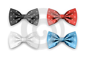 Vector 3d Realistic Black, White, Red, Blue Bow Tie Set Isolated on White Background. Silk Glossy Bowtie, Tie Gentleman