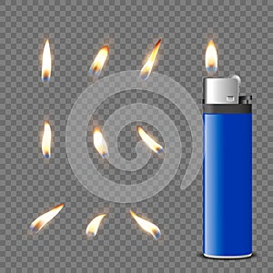 Vector 3d Realistic Blank Blue Gasoline Lighter and Burning Flame Icon Set Closeup Isolated. Fire from a Lighter. Design