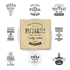 Vector 3d Realistic Blank Brown Craft Paper Pizza Box Template with Typographic Quotes Closeup Isolated on White