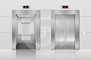 Vector 3d Realistic Blank Empty Opened and Closed Steel, Chrome, Silver Metal Office Building Lift Elevator Doors with