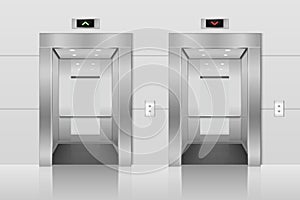 Vector 3d Realistic Blank Empty Opened Steel, Chrome, Silver Metal Office Building Lift Elevator Doors with Buttons on