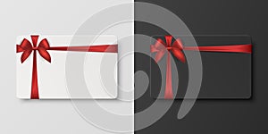 Vector 3D Realistic Blank Gift Card and Gift Certificate Template with Silk Red Ribbon and Satin Bow. Greeting or Sale