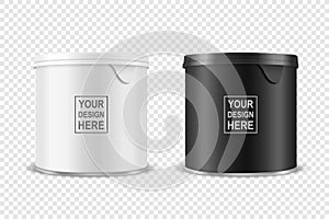 Vector 3d Realistic Blank Glossy White, Black Metal Tin Can, Canned Food, Potato Chips Packaging With Lid Set Isolated