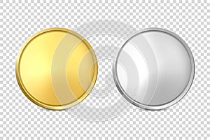Vector 3d Realistic Blank Golden and Silver Metal Coin or Medal Icon Set Closeup Isolated on Transparent Background