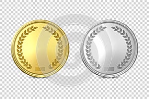 Vector 3d Realistic Blank Golden and Silver Metal Coin or Medal Icon Set Closeup Isolated on Transparent Background