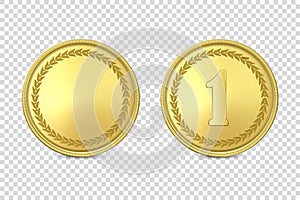 Vector 3d Realistic Blank Golden and Silver Metal Coin or Medal Icon Set Closeup Isolated on Transparent Background