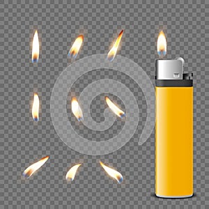 Vector 3d Realistic Blank Yellow Gasoline Lighter and Burning Flame Icon Set Closeup Isolated. Fire from a Lighter