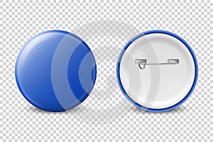 Vector 3d Realistic Blue Metal, Plastic Blank Button Badge Icon Set Isolated on Transparent Background. Front and Back