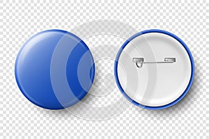 Vector 3d Realistic Blue Metal, Plastic Blank Button Badge Icon Set Isolated on Transparent Background. Top View - Front