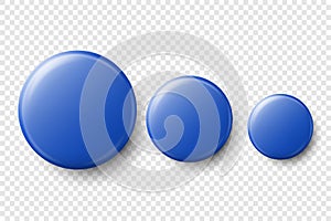 Vector 3d Realistic Blue Metal, Plastic Blank Button Badge Set Different Sizes Closeup Isolated on Transparent