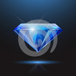 Vector 3d Realistic Blue Transparent Triangle Glowing Gemstone, Diamond, Crystal, Rhinestone Closeup on Black Background