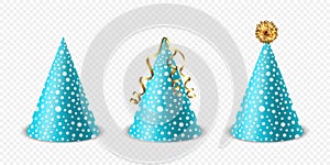 Vector 3d Realistic Blue and White Birthday Party Hat Icon Set Isolated. Party Cap Design Template for Party Banner