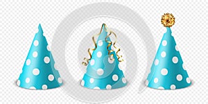 Vector 3d Realistic Blue and White Birthday Party Hat Icon Set Isolated. Party Cap Design Template for Party Banner