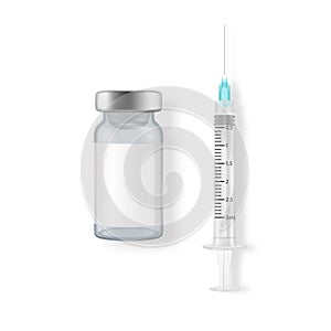 Vector 3d Realistic Bottle and Syringe. Coronavirus Vaccine, Botox, Fillers, Injections, Hyaluronic Acid Closeup