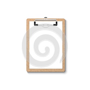 Vector 3d Realistic Brown Craft Clipboard with Blank Paper, Metal Clip Icon Closeup Isolated on White Background. Design