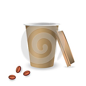 Vector 3d realistic brown paper disposable beverage cup isolated on white background. Coffee, Soda, Tea, Cocktail