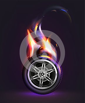 Vector 3d realistic car wheel on fire