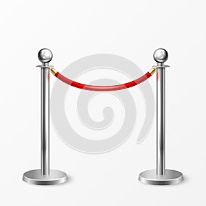 Vector 3d Realistic Chrome Fence for the Red Carpet Closeup Isolated on White Background. Red Barrier Rope. Silver pole