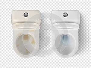 Vector 3d Realistic Clean, Dirty White Ceramic Toilet Set Isolated. Opened Toilet Bowl with Lid. Plumbing, Mockup