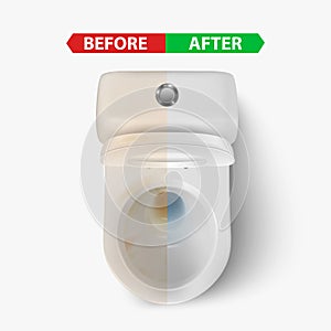 Vector 3d Realistic Clean and Dirty White Ceramic Toilet in Toilet Room. Before, After. Opened Toilet Bowl with Lid