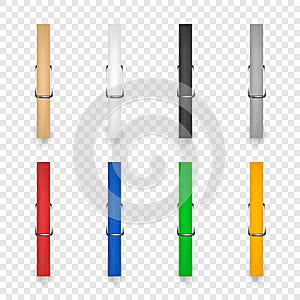 Vector 3d Realistic Clothes Pin Icon Set Closeup Isolated on Transparent Background. Design Template of Wooden Pegs