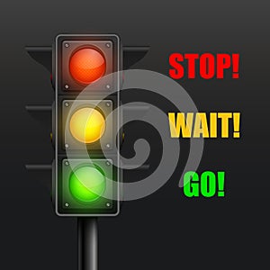 Vector 3d Realistic Detailed Road Traffic Lights Isolated on Black. Stop, Wait, Go Signal Sign. Safety Rules Concept
