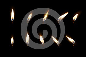 Vector 3d realistic different flame of a candle or match icon set closeup isolated on dark background. Design template