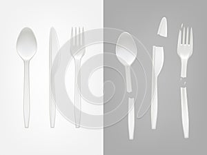 Vector 3d realistic disposable plastic spoon, fork, knife and broken cutlery