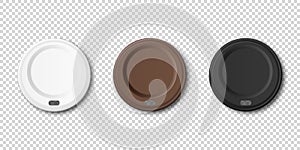 Vector 3d Realistic Disposable White, Brown, Black Plastic Coffee, Tea Cup Lid for Drinks Icon Set Closeup Isolated on