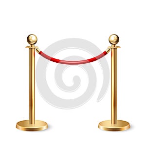 Vector 3d Realistic Fence for the Red Carpet Closeup Isolated on White Background. Red Barrier Rope. Golden pole. Front