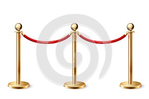 Vector 3d Realistic Fence for the Red Carpet Closeup Isolated on White Background. Red Barrier Rope. Golden pole. Front