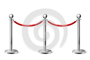 Vector 3d Realistic Fence for the Red Carpet Closeup Isolated on White Background. Red Barrier Rope. Silver pole. Front