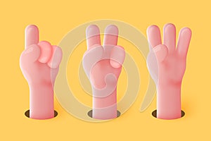 Vector 3d realistic funny cartoon hands, showing gestures - one, two, three fingers