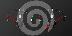 Vector 3d Realistic Gas Fuel Tank Gauge, Oil Level Bar on Black Background. Full and Empty. Car Dashboard Details. Fuel