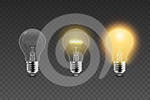 Vector 3d Realistic Glowing, Turned Off Electric Light Bulb Icon Set Isolated on Transparent Background. Design Template