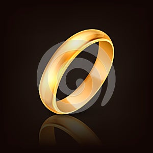 Vector 3d Realistic Gold Metal Wedding Ring Icon with Reflection Closeup Isolated on Dark Black Background. Design