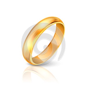 Vector 3d Realistic Gold Metal Wedding Ring Icon with Reflection Closeup Isolated on White Background. Design Template