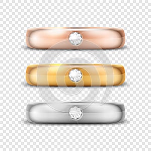 Vector 3d Realistic Gold and Silver Metal Wedding Ring with Gemstone, Diamond Icon Set Closeup Isolated. Design Template