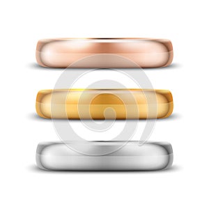 Vector 3d Realistic Gold and Silver Metal Wedding Ring Icon Set Closeup Isolated on White Background. Design Template of