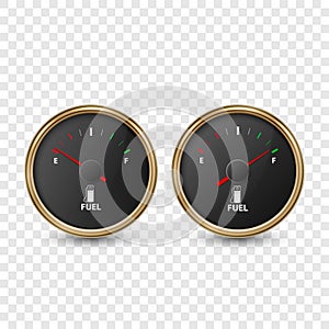 Vector 3d Realistic Golden Circle Gas Fuel Gauge, Oil Level Bar with Black Dial Icon Set Isolated. Full and Empty. Car