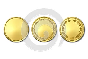 Vector 3d Realistic Golden Metal Blank Coin Icon Set Closeup Isolated on White Background. Design Template, Clipart of