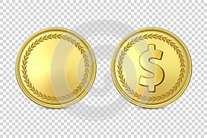 Vector 3d Realistic Golden Metal Coin Icon Set, Blank and with Dollar Sign, Closeup Isolated on Transparent Background