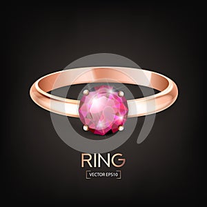 Vector 3d Realistic Golden Metal Wedding Ring with Pink Gemstone, Diamond Closeup Isolated. Design Template of Shiny